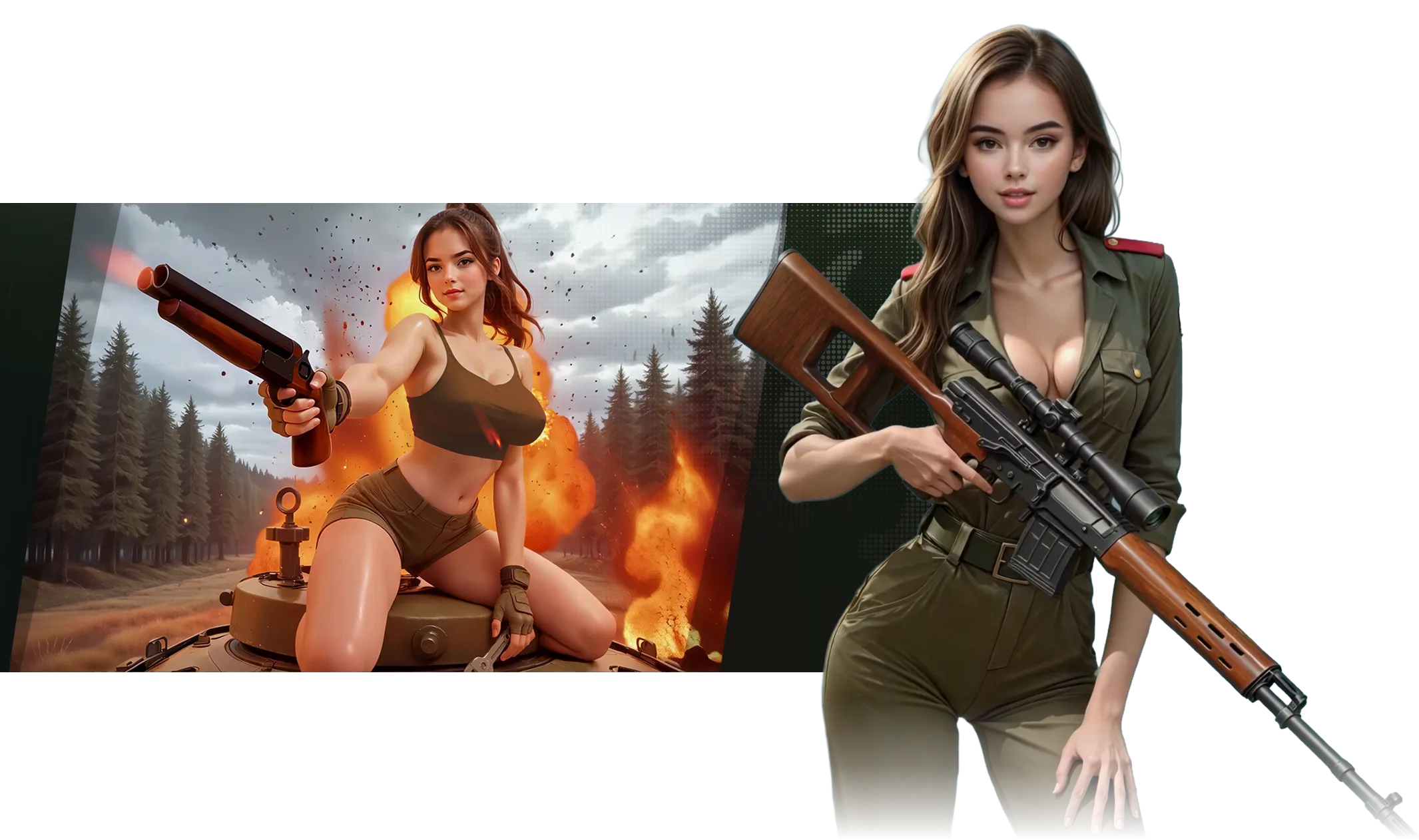 Lust Frontiers — lead heroine key art, war-zone mood